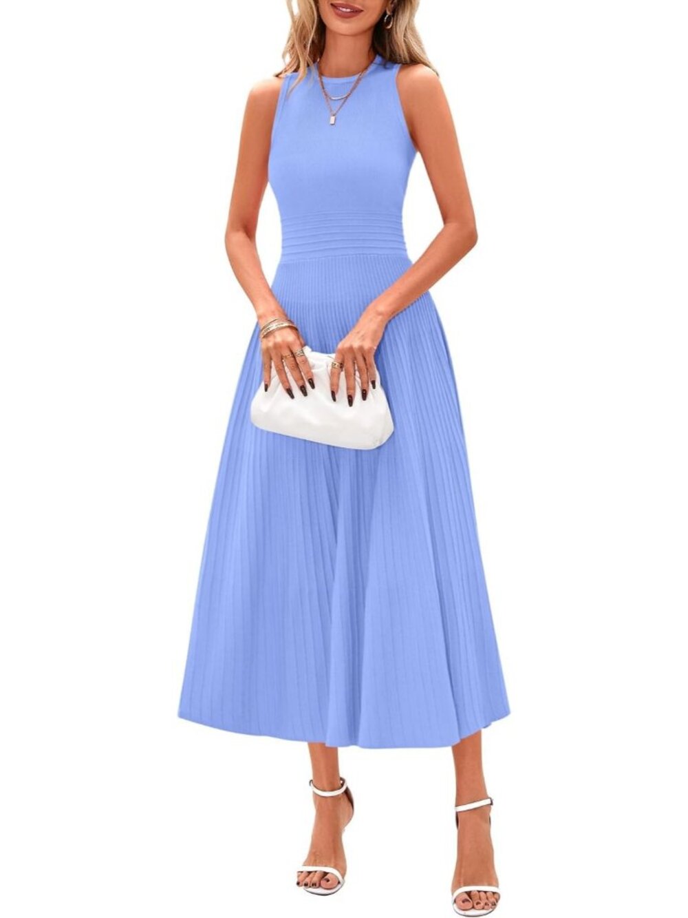 Women's Sky Blue Sleeveless Pleated Midi Dress Formal Long Dress For Wedding